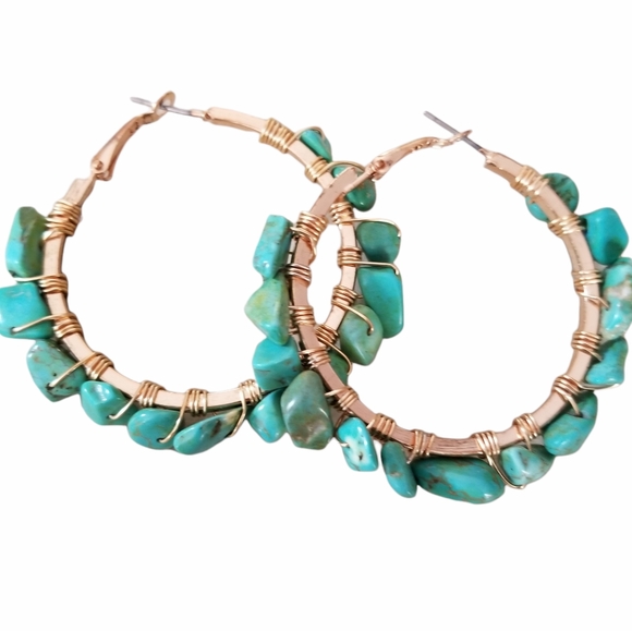 Hand Crafted Boho Turquoise Nugget Wire Wrapped Hoop Earrings - Picture 12 of 14
